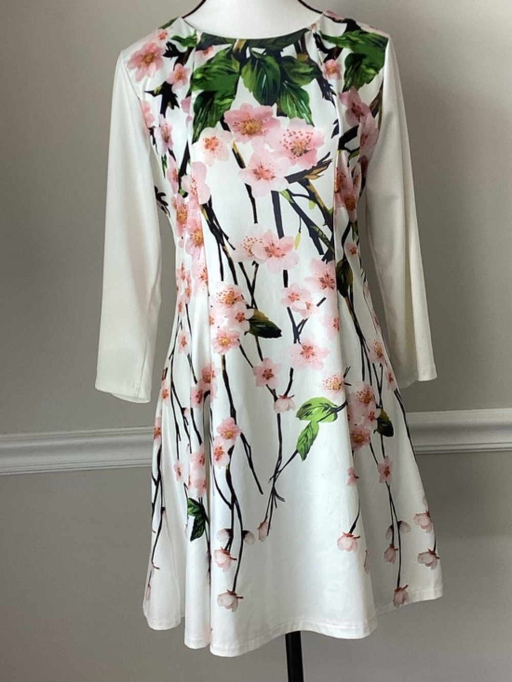 Cherry Blossom Fit And Flare Dress Small White Pink Floral Cottagecore Skater